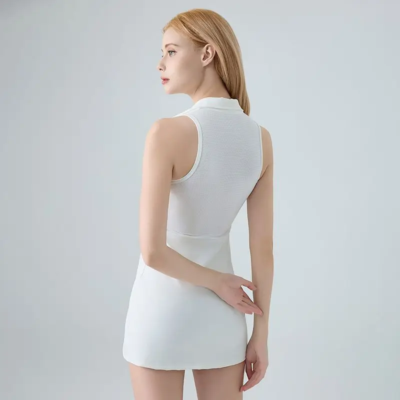 Puku Juzg Solid Turn-down Collar Sports Dress Women Summer Fitness Tennis Golf Skirt Breathable Lightweight Slim Fit Yoga Dress