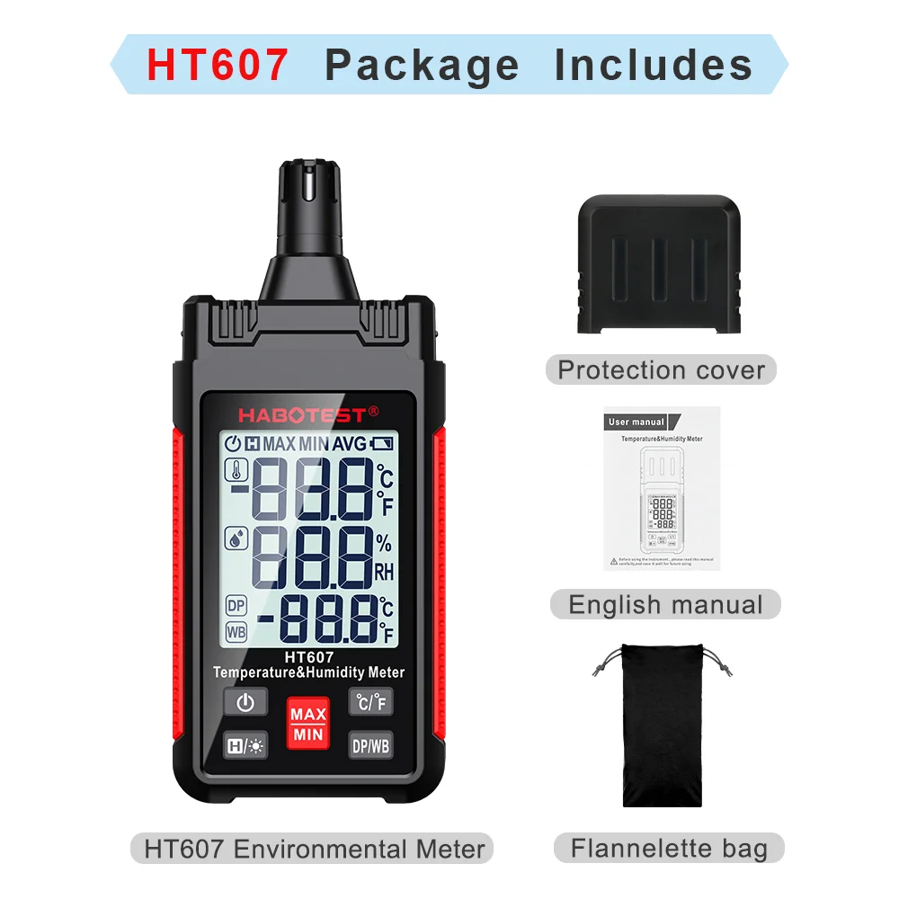 HT607 Digitales Hygrometer, Temperatur- und Feuchtigkeitsmessgerät, Hand-LCD-Thermometer, Hygrometer, Psychrometer, nasse Glühbirne, Taupunkt-Tester