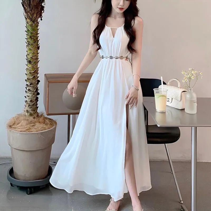 

Женское платье-комбинация без рукавов, белое однотонное платье миди составного кроя с вырезами, для отдыха и отдыха, на лето