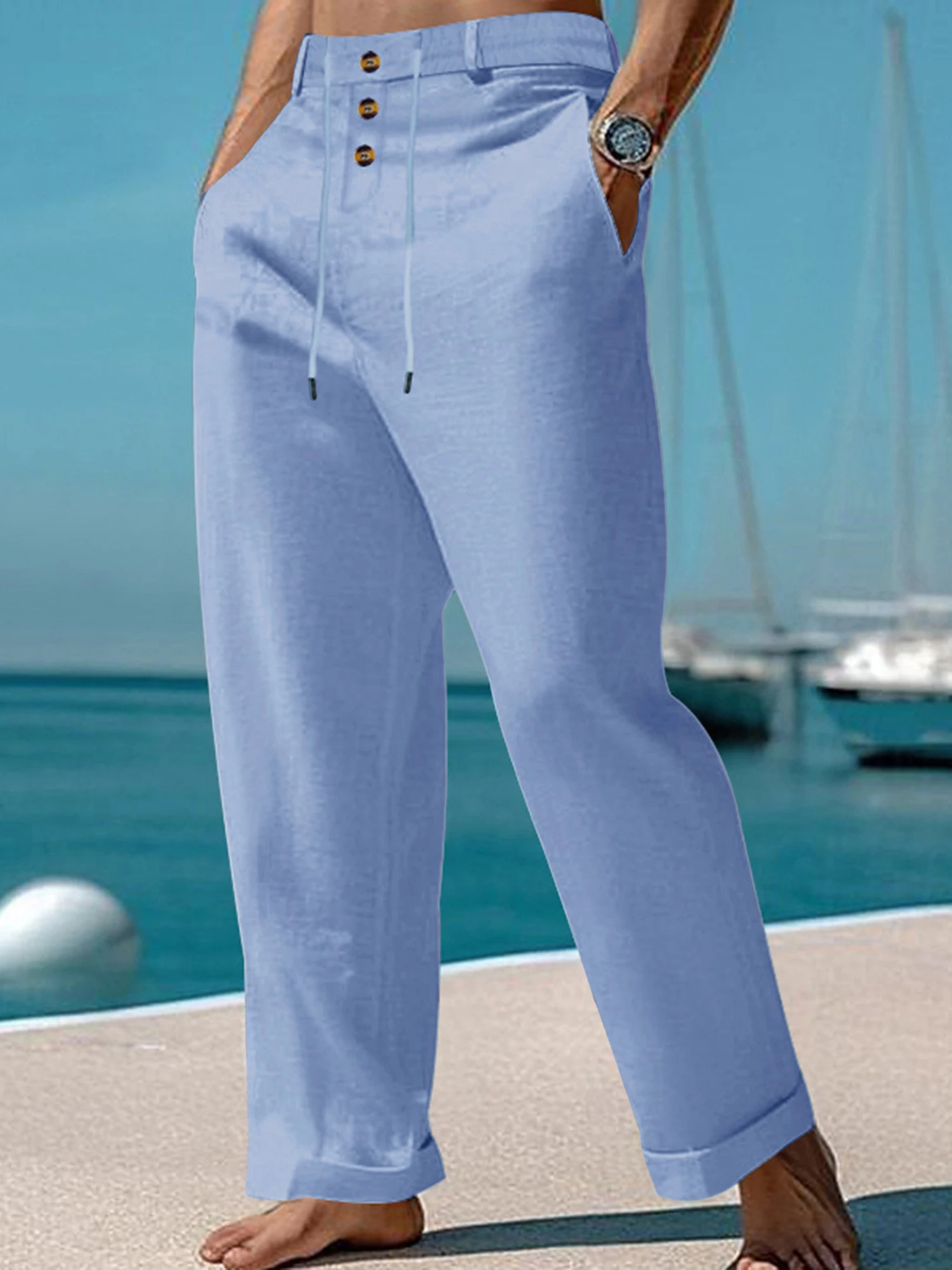 Men s Lightweight Linen Drawstring Beach Pants with High Waist and Button Front Closure for Casual Summer Lounging