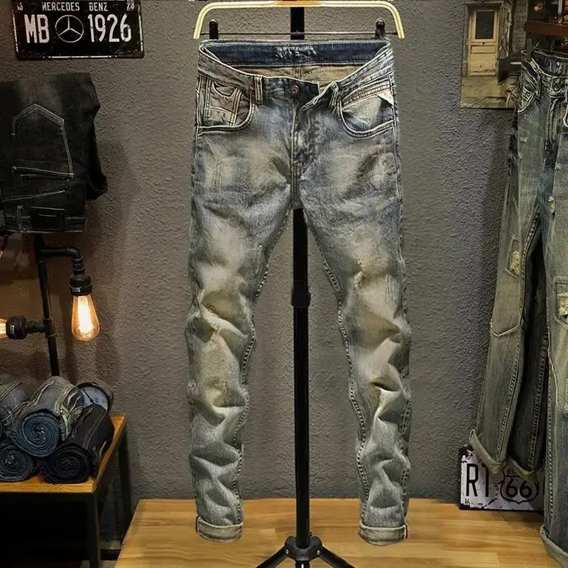 Men's Spring Autumn Casual Slim Jeans Pencil Pants Ripped Distressed Korean Vintage Retro Brand Beggar Trousers