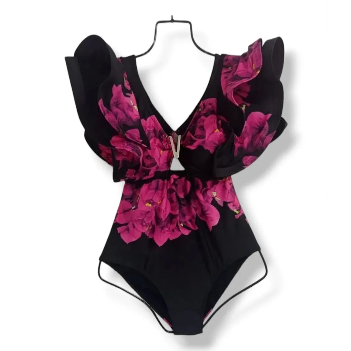 Floral Printed Deep V-neck Ruffle Swimsuit women swim dresses