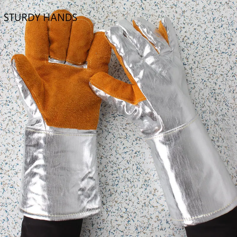 Thickening Aluminum Foil Gloves High Temperature Cowhide Gloves Heat Insulation Anti-radiation Work Kitchen Oven