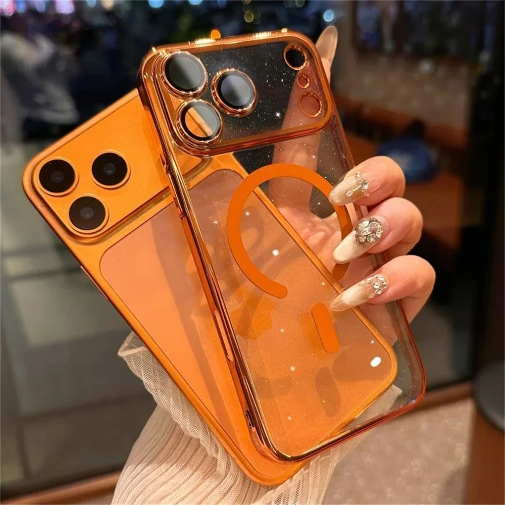 Bling Glitter Ultra Thin Clear Phone Casse For Iphone 17 16 15 14 13 12 11 Pro Max Plus Case Magnetic Hard PC_voghion.com