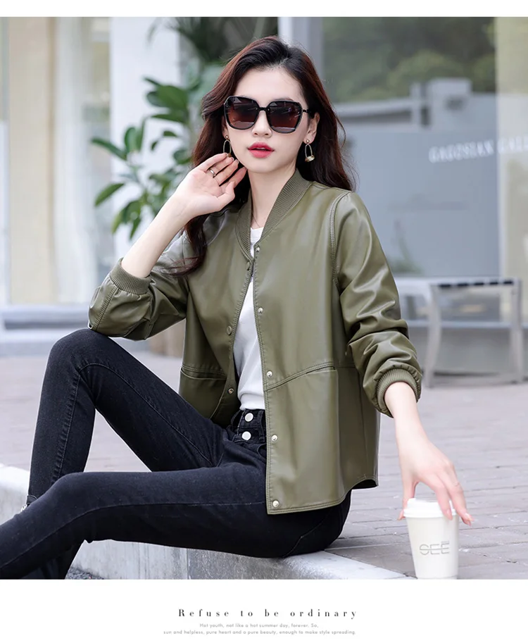 New Women Casual Leather Jacket Spring Autumn Fashion Patchwork V-Neck Single Breasted Loose Short Outerwear Split Leather