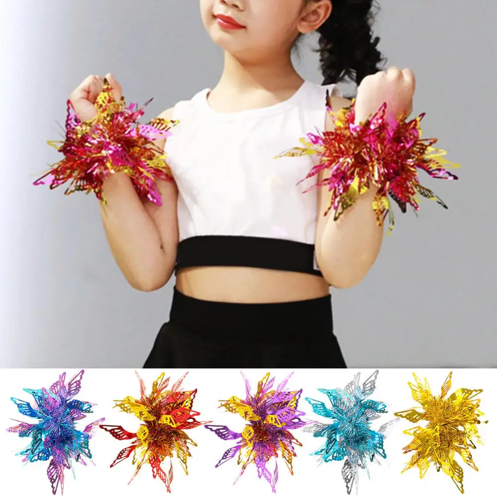 Kids Dance Wrist Flower Butterflies Decor Elastic Rubber Band Wristband Pom Poms Children Performance Party Wear Accessory