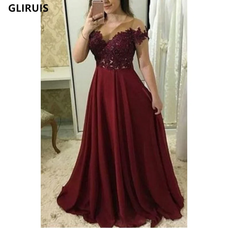 

Red A-Line Evening Arabic Prom Dress 2022 Off The Shoulder Flower Appliques Lace Chiffon Vestidos De Formal Party Dress