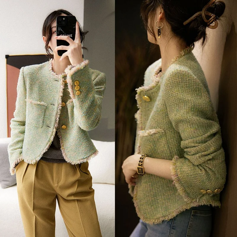 ジャケット・アウター mideal spring tweed over jacket GREEN Women's Green Pop Tweed Fringe Jacket | ME+EM