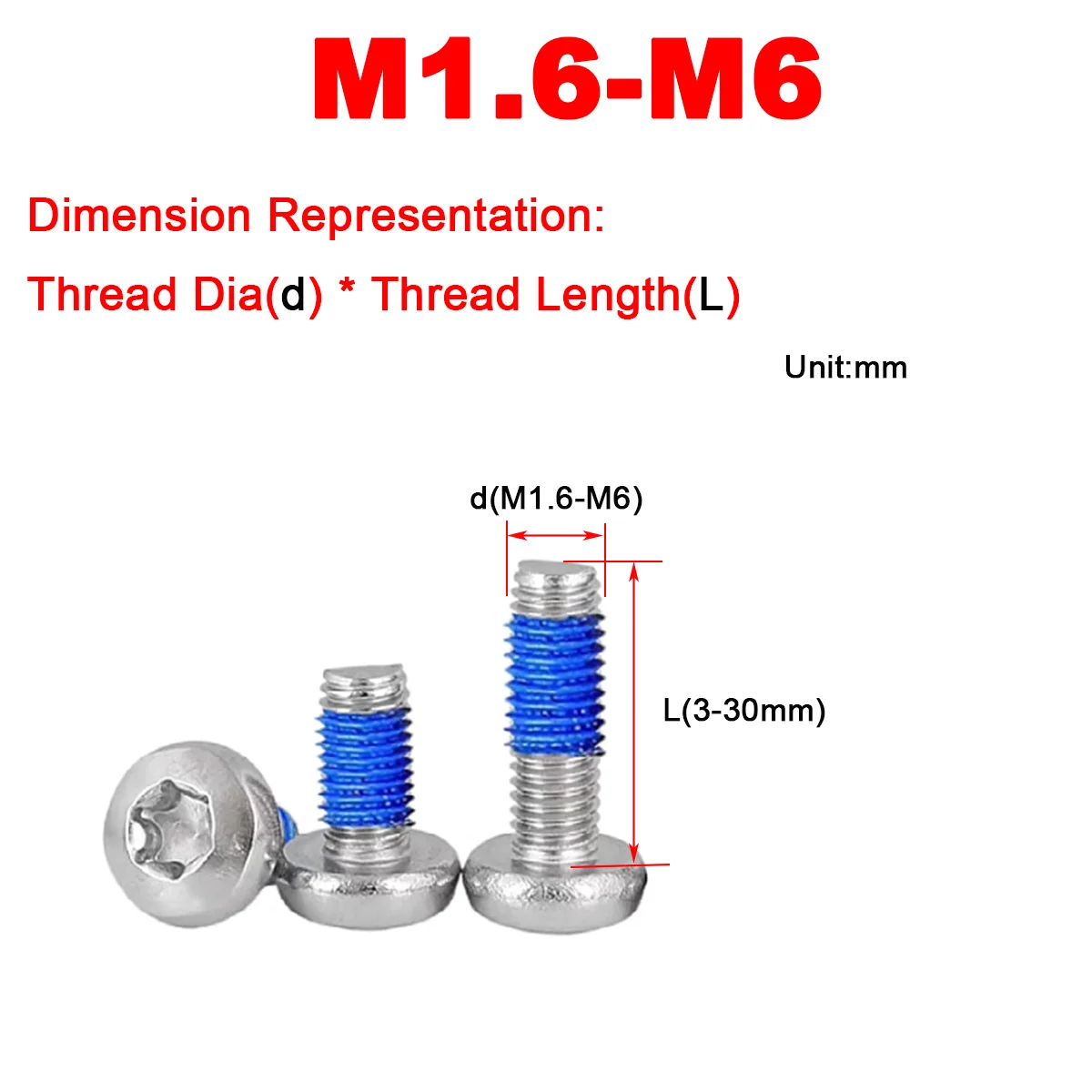 

304 Stainless Steel Pan Head Plum Blossom Coated With Blue Glue Anti-Theft Screw Round Head Anti Loosening Bolt M2M3M4M5M6