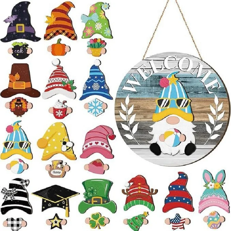 11style Gnome Interchangeable Seasonal Figures Wooden Decor Set with Magnetic Pieces Detachable Hats & Changeable Welcome Sign P