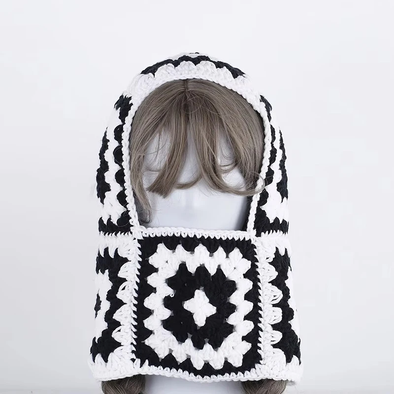 Autumn Winter Balaclava Hats for Women Handmade Crochet Knitted One-Piece Beanies Retro Floral Square Woolen Caps Earflap Bonnet 5