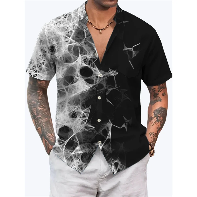 thumbnail image 1 of Camisa hawaiana con patrón irregular para hombre, empalme colorido, estampado 3D, mangas cortas, informal, para vacaciones, con solapa, camisas hawaianas, 1 of 5