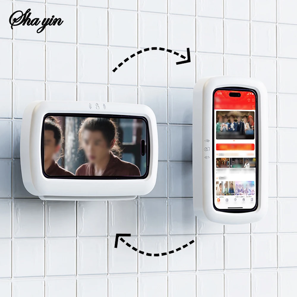 กล่องโทรศัพท์มือถือกันน้ำในห้องน้ำ 1 ชิ้นสำหรับติดผนังโดยไม่ต้องเจาะ 360 °   การหมุน, หน้าจอสัมผัส, การใช้ในครัว 1