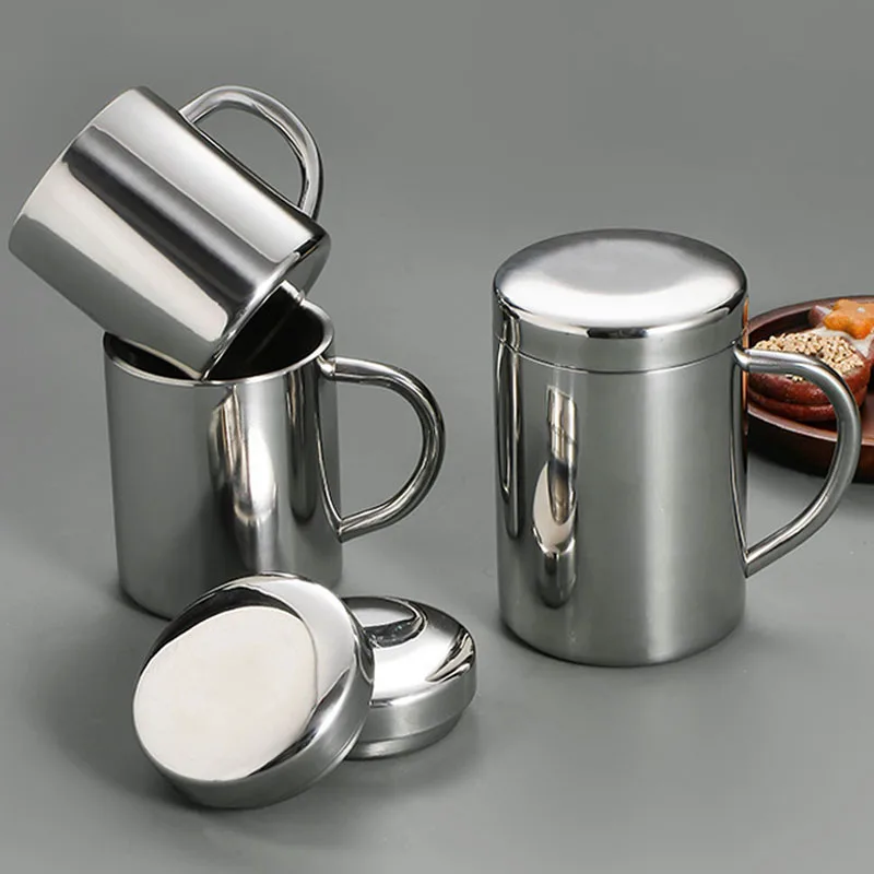 أكواب قهوة من الفولاذ المقاوم للصدأ بطبقة مزدوجة مضادة للحرق مع غطاء ومقبض، كوب قهوة وشاي، مكتب السفر