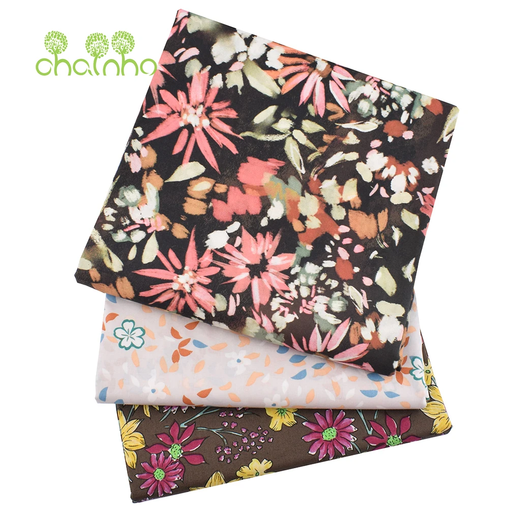 Chainho,Printed Plain Weave Poplin Cotton Fabric,DIY Quilting Sewing Material,Patchwork Cloth,Brown Flower Series,3 Sizes,15PC41