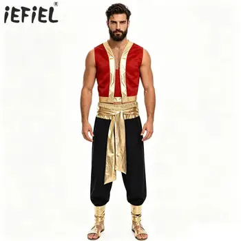 Costume da Capitano Persiano Arabo per Uomo, Abito da Principe Mitologico per Carnevale e Feste, Gilet Metallizzato Lucido con Bordo Decorativo e Pantaloni Lunghi