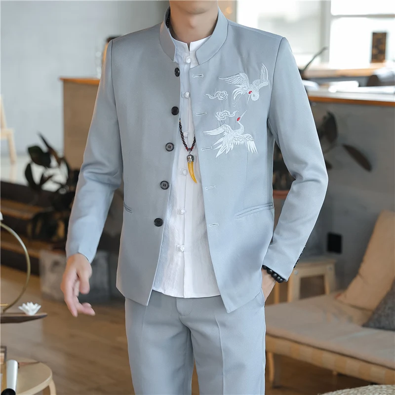 

2 Pcs Set Suit Jacket Pants / 2023 Fashion Men's Casual Boutique Chinese Style Linen Stand Collar Dress Blazers Jacket Trousers