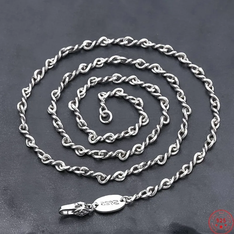 

S925 Sterling Silver Necklaces for Men Women Six Character Mantra Vajra Pestle 3mm Cross Twist 8-Chain Vintage Argentum Amulet