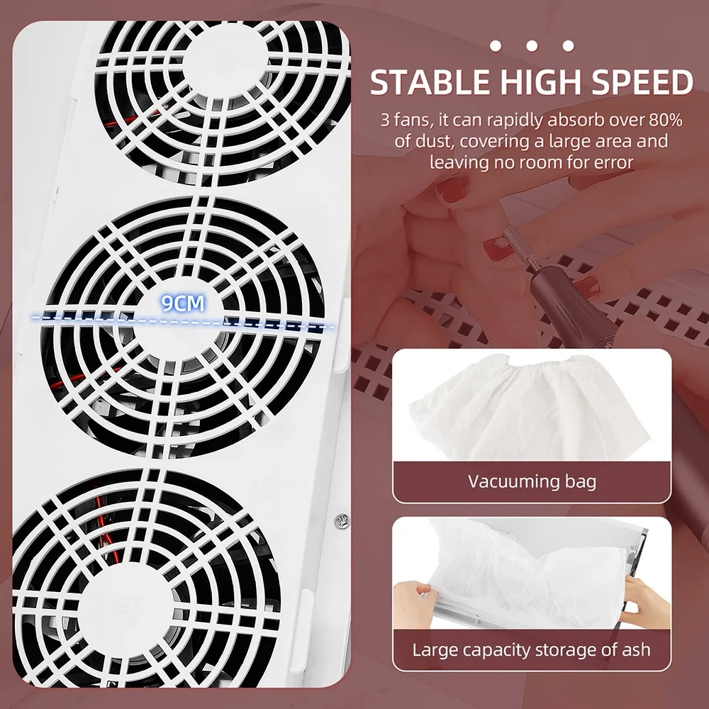 3 Fans Nail Dust Vacuum Cleaner 40W Nail Dust Collector Strong Suction Pedicure Manicure Machine with 2 Bags Nail Art Salon Tool