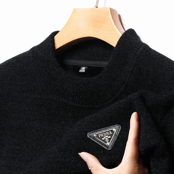 High-end Luxury Men's Pullover Pattern Embroidered Plush Long Sleeve Sweater Autumn Winter Fashion Warm Casual Men's Clothing