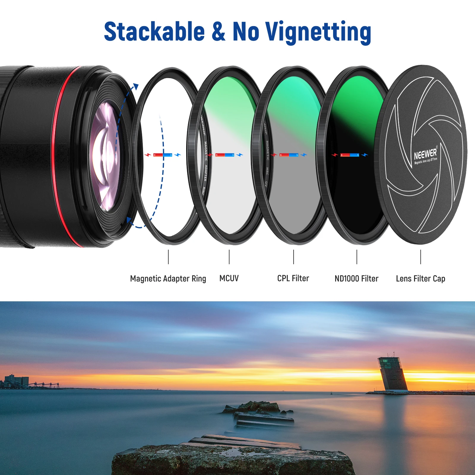 NEEWER Magnetic Lens Filter Kit, Neutral Density ND1000 & MCUV & CPL Filter, Adapter Ring, Filter Cap with 42-Layer Multi-Coated 3