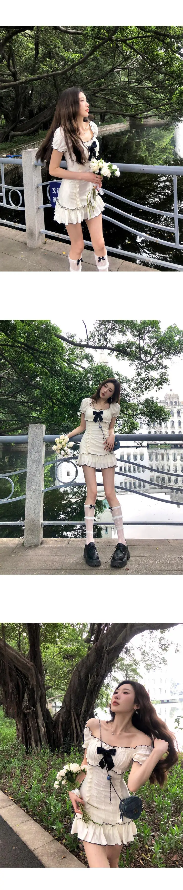 Y2K Ruffles Short Dresses for Women Slim Off Shoulder Puff Sleeve Birthday Party Dress Korean Fashion Summer New Vestidos Mujer