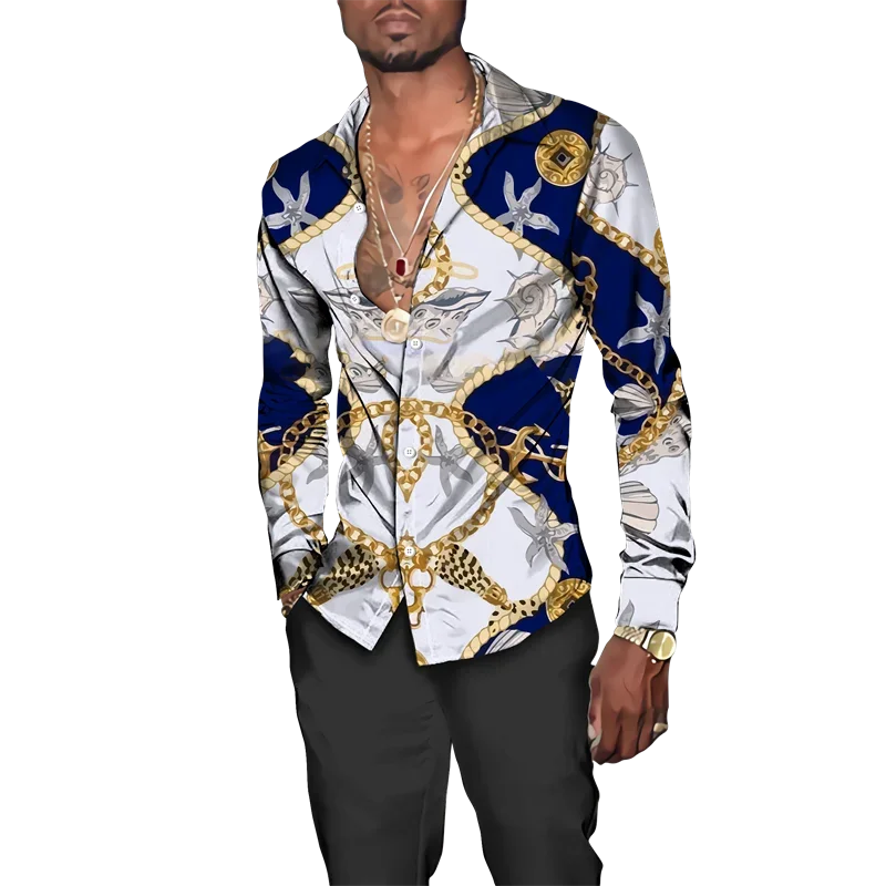 2024 new British style men's long-sleeved shirt, featuring a 3D digital print, loose and casual style shirt.