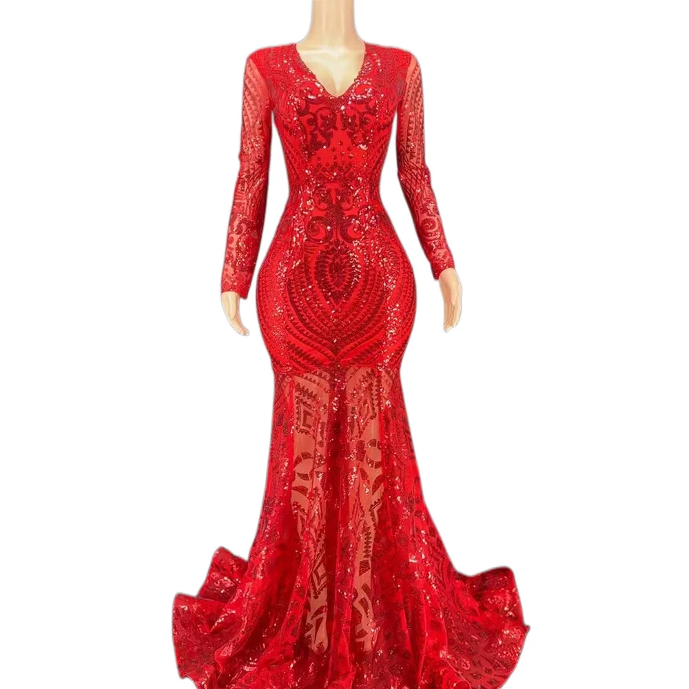 

Red Shining Rhinestones Long Trailing Dress For Women Festival Wedding Clothing Celebrity Evening Prom Wears Carnival Outfit