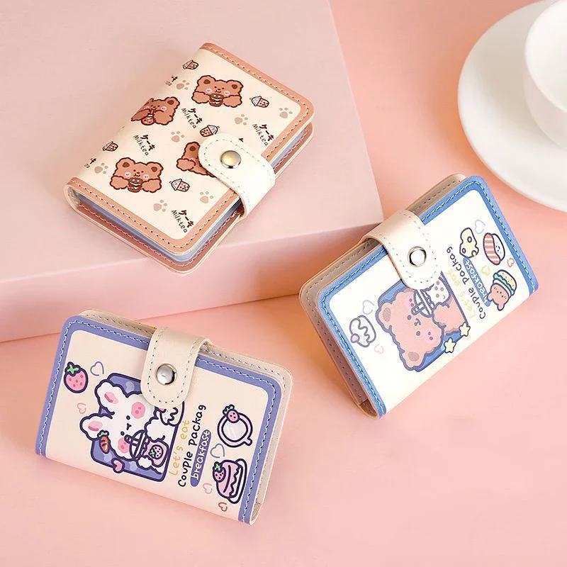 Kawaii-Bear 카드 홀더 귀여운 멀티 그리드 비즈니스 ID 신용 은행 카드 케이스, 포토 카드 홀더 휴대용 지갑 한국어 문구
