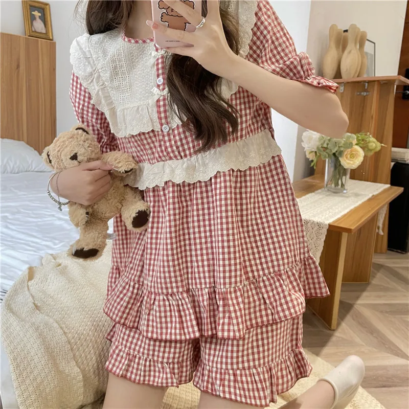 

Korea Style Cute Shorts Pajama Set Red Plaid Home Suit Bow tie Short Sleeve Sleepwear Princess Style Home Clothes Out Wear S127