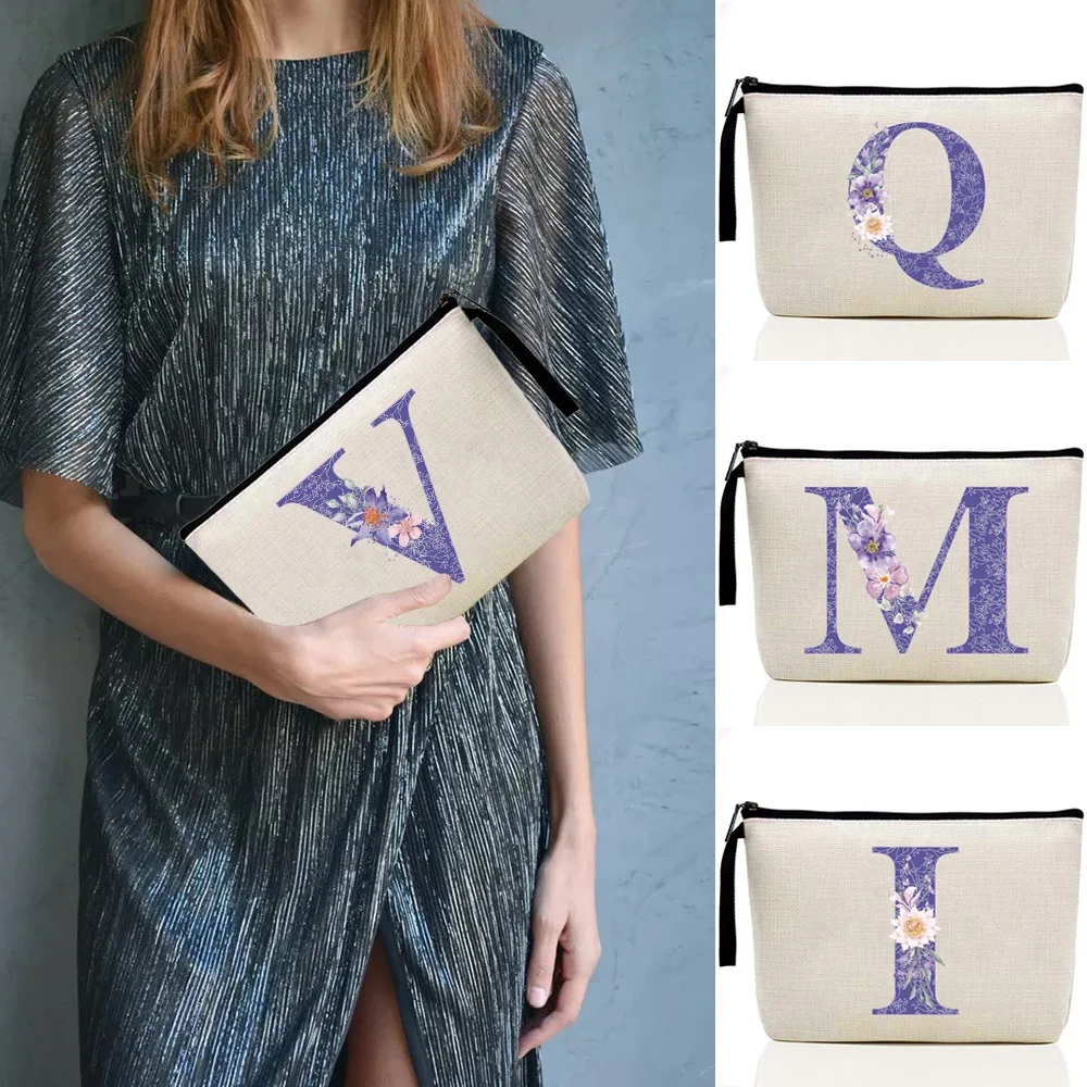 

Canvas Makeup Bags Ladies Outdoor Simple Storage Cases Travel Headphones Coin Cosmetics Purple Flower Print Mobile Phone Bag