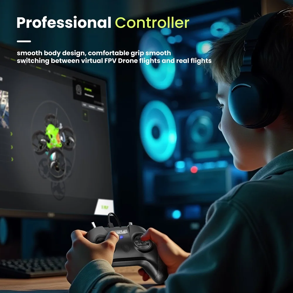 Connecteur USB-C de la manette de simulateur de vol RC FPV, prête à être branchée sur un ordinateur.