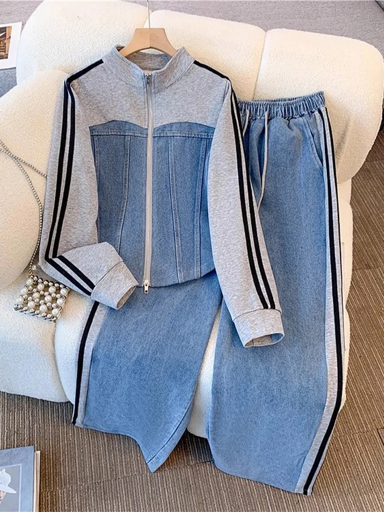 أطقم نسائية من قماش الدنيم المتباين المُزين بنمط Preppy وياقة واقفة وسحاب معاطف جينز مرن مكونة من قطعتين ملابس خروج مريحة