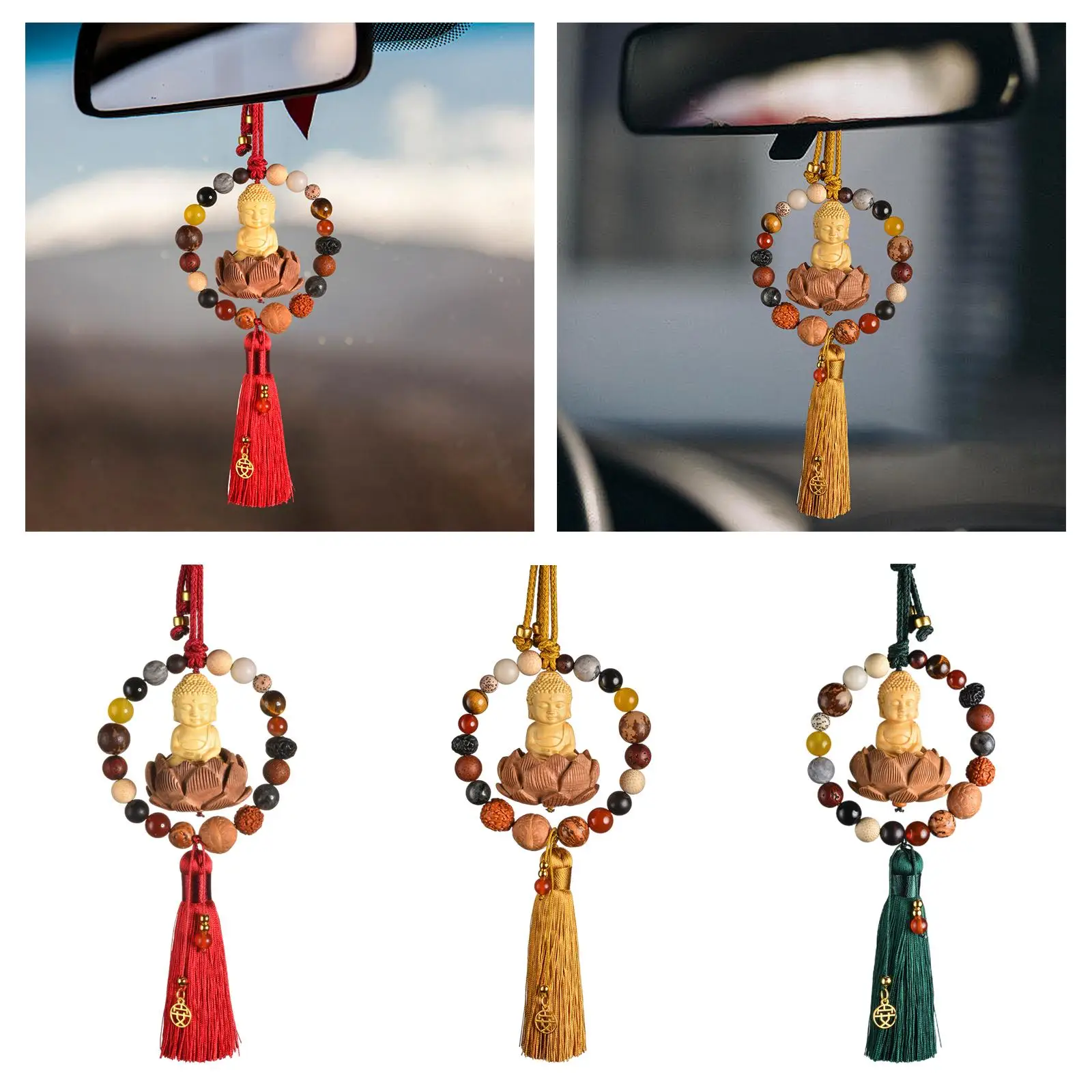 Buddha Statue Car Rearview Mirror Pendant Gift Tassel Car Hanging Decoration