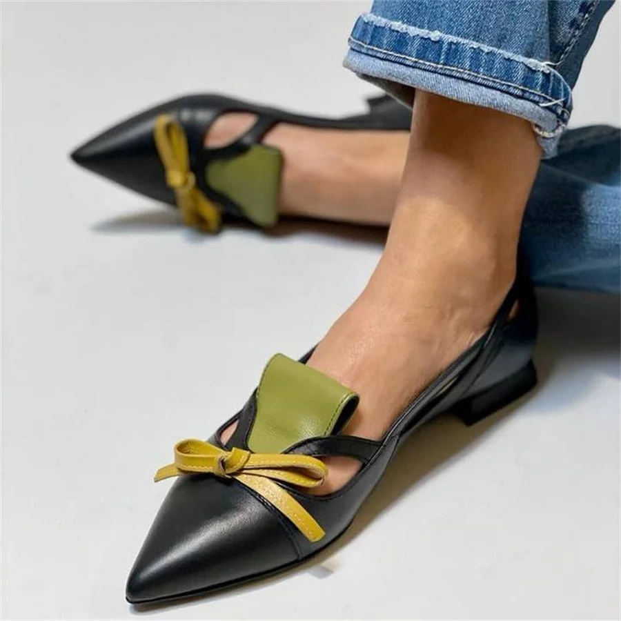 

Flat Women Shoes 2023 Spring Casual Mules Sweet Bow Pointy Toe Black Green Plus Size 43 Color Match Single Shoe Dropshopping