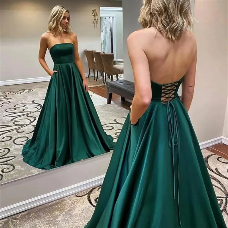 Lange Satin Grün Prom Kleider mit Taschen Liebsten Maxi Korsett Zurück Formale Homecoming Party Kleider