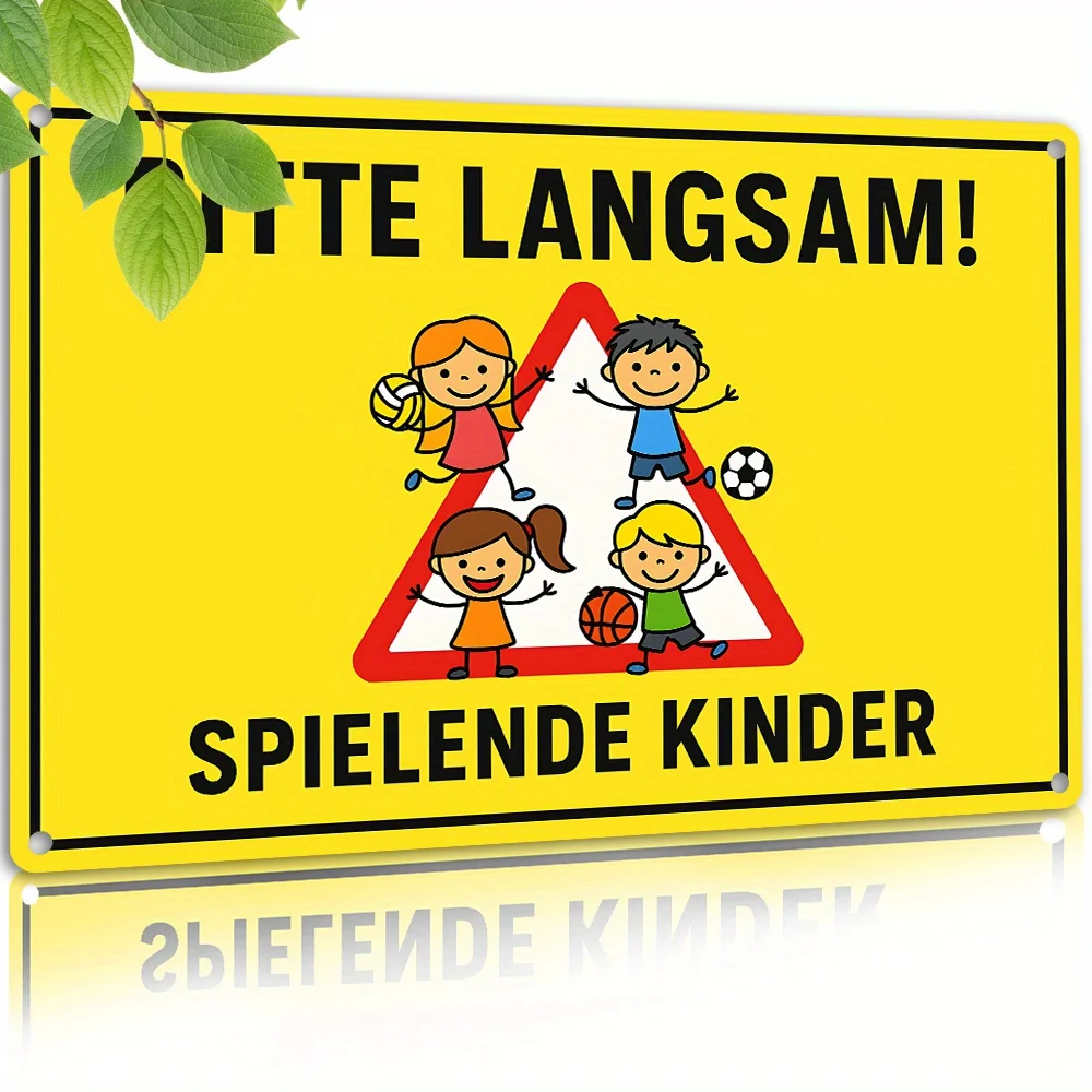 독일어로 푸비 랑삼(천천히)  Spielende Kinder 금속 양철 간판, 노란색..