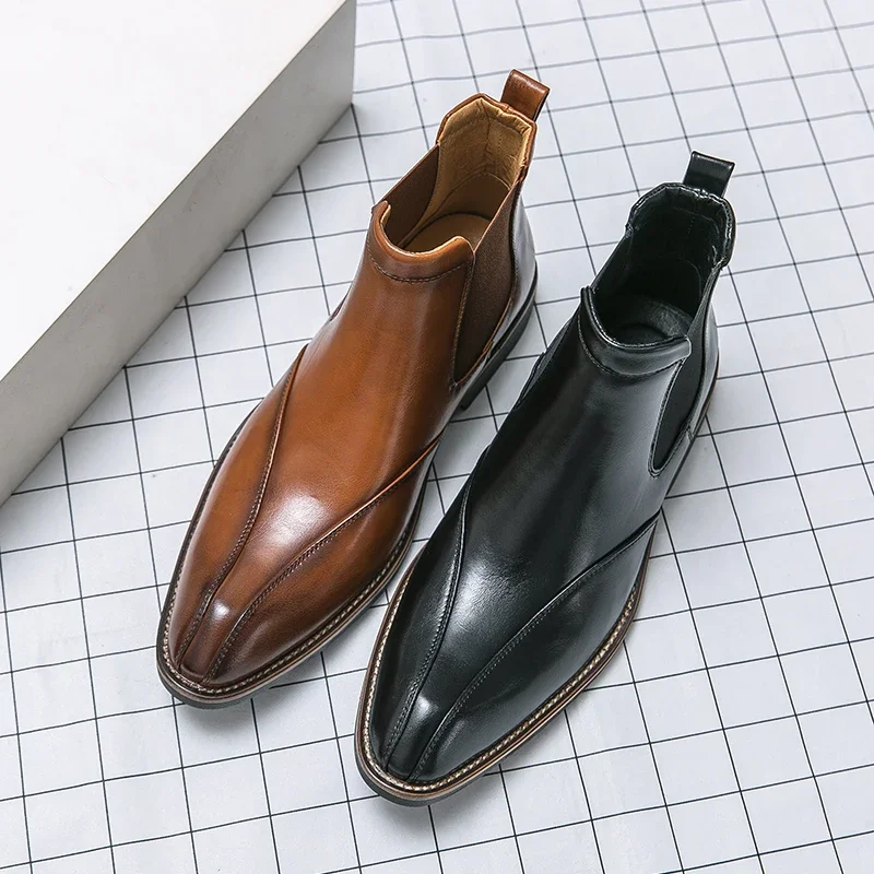 Men Chelsea Boots New Brown Chelsea Boots for Men Ankle Business Square Toe 38-45