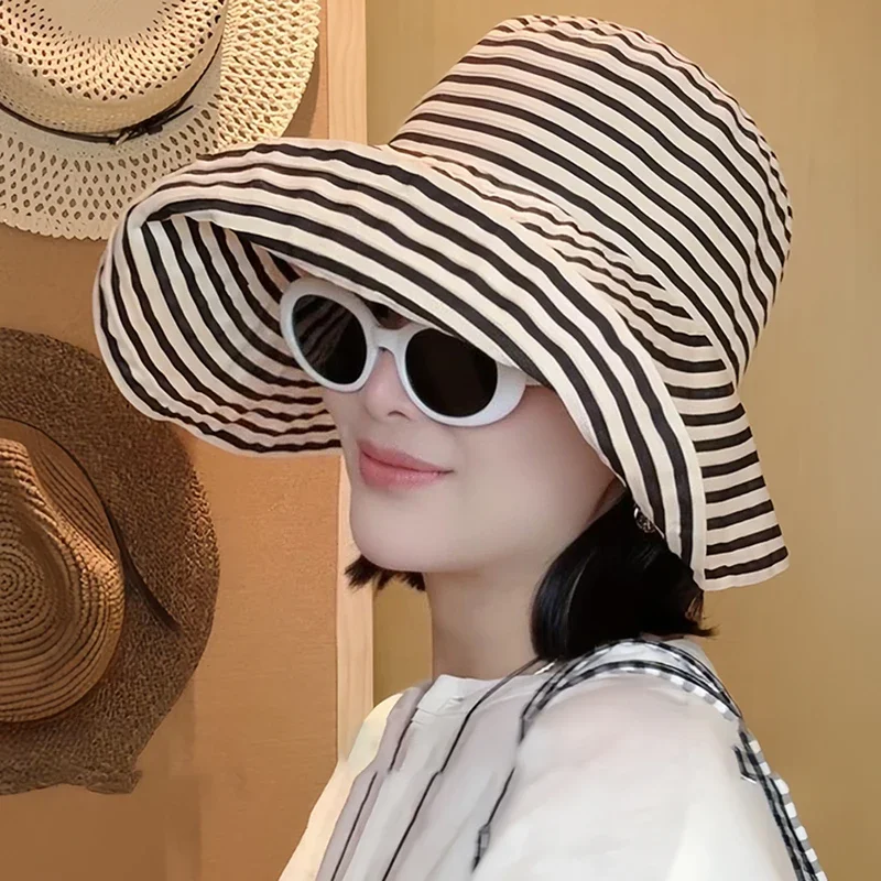 Ladies Foldable Wide Brim Sun Hat - Striped UV Protection Fisherman Cap for Beach, Travel & Outdoor Summer