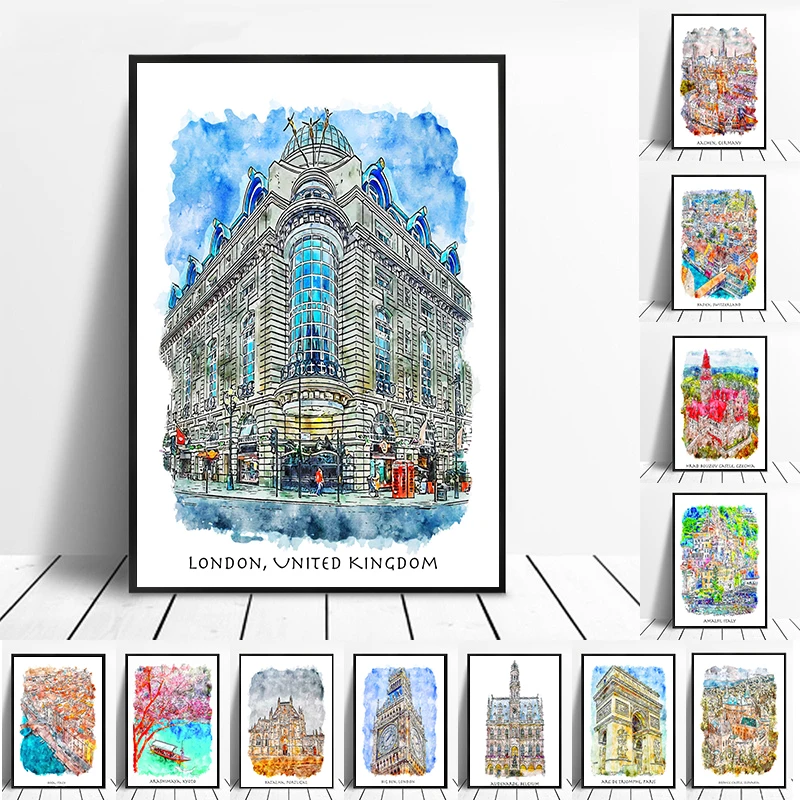 

Watercolor City London Paris Venice Scenery World Travel Print Art Canvas Poster For Living Room Decor Home Wall Picture