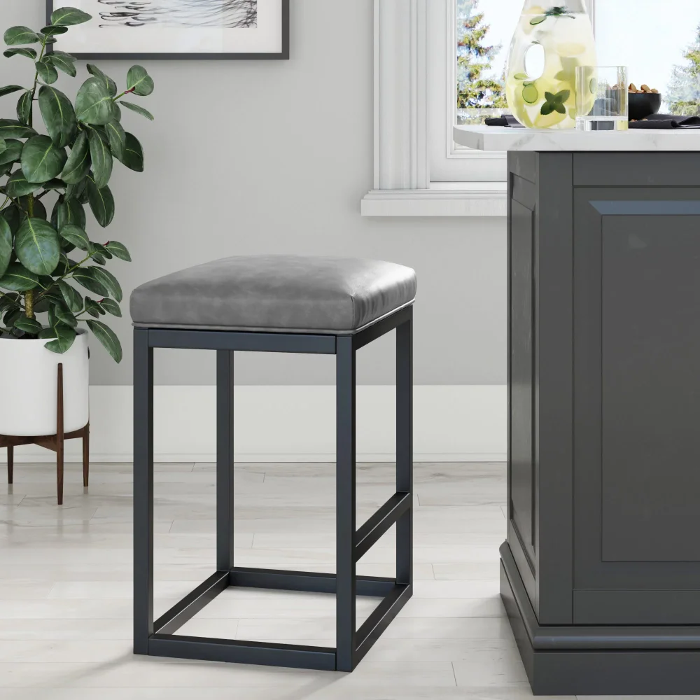 

Bar Stool with Leather Cushion and Metal Base, 24", Gray/Black
