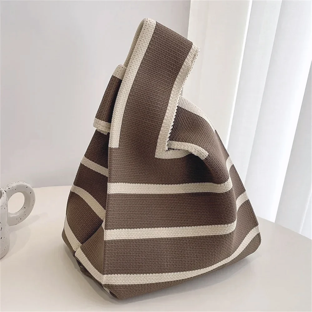 Streifen handgemachte gestrickte Frauen Umhängetaschen lässig tragbare Damen kleine Handtaschen Shopper Student wiederverwendbare Mädchen Tote Handgelenk Tasche – Detail 2