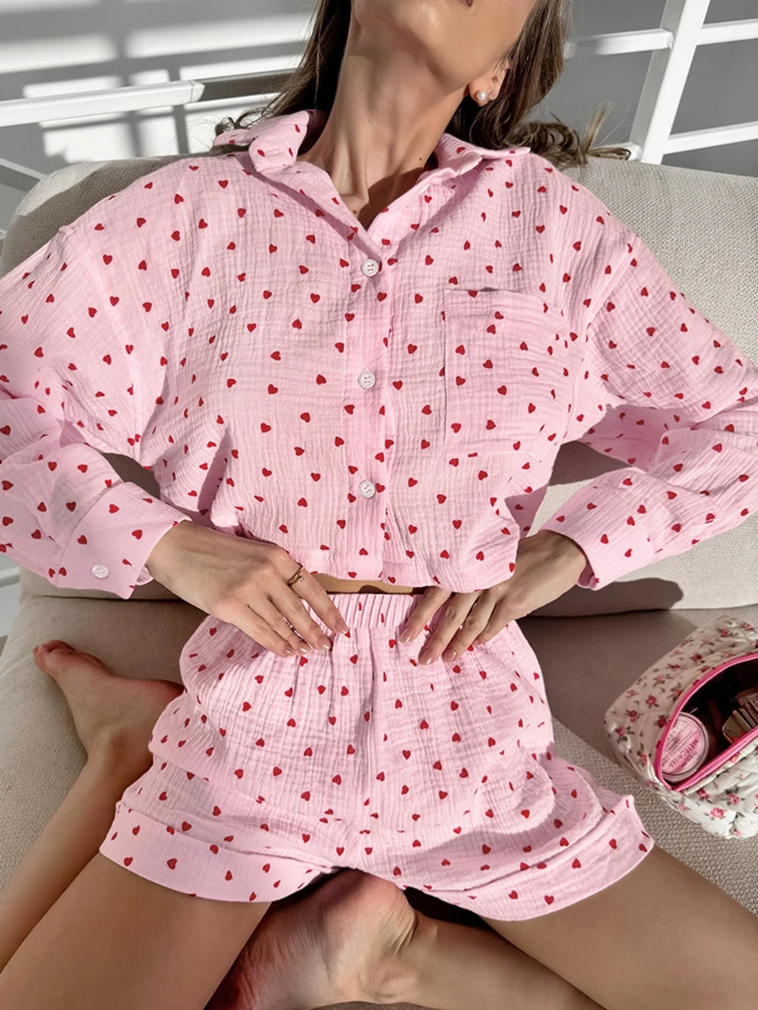 Marthaqiqi Casual Women Nightgowns Suit Long Sleeve Nightwear Turn-Down Collar Pajama Shorts Printing Cotton Femme Sleepwear Set