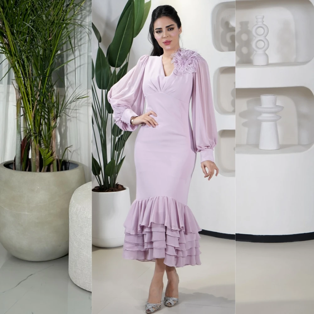Jiayigong  Ball   Charmeuse Flower Draped Mermaid V-neck Bespoke Occasion Gown Midi es Saudi Arabia