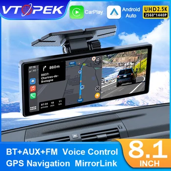 Vtopek 8.1 Inch 2.5K Dash Cam Wireless Carplay Android Auto Car DVR WiFi GPS Navigation Rearview Camera Dashboard Video Recorder 1