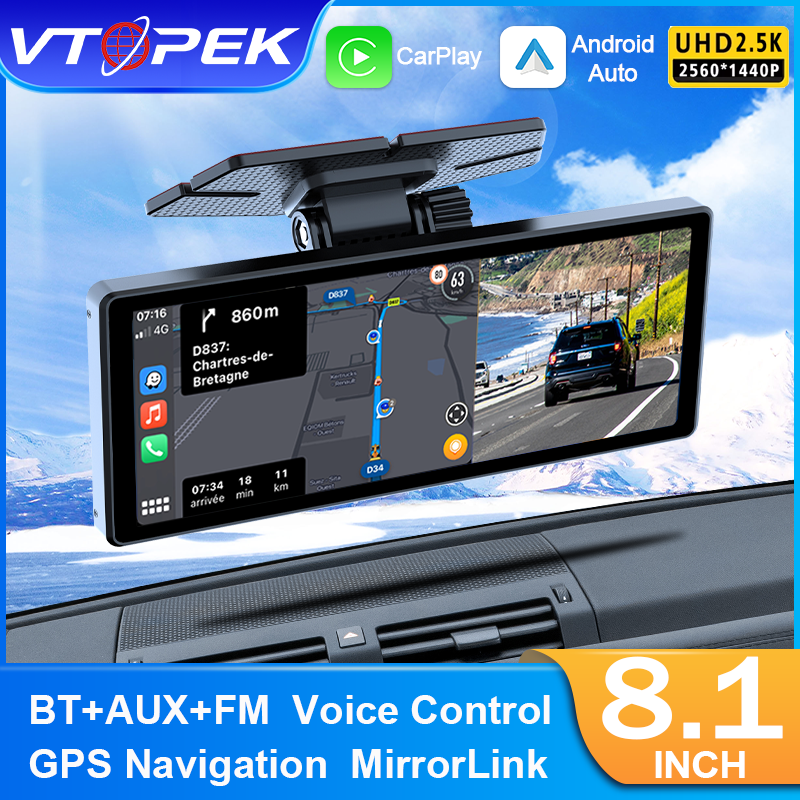 Vtopek 8.1 Inch 2.5K Dash Cam Wireless Carplay Android Auto Car DVR WiFi GPS Navigation Rearview Camera Dashboard Video Recorder