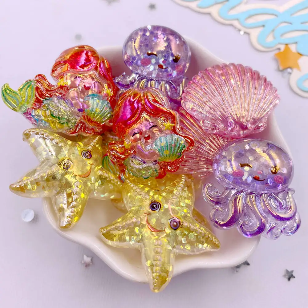 8PCS Harz Glitter Bunte Sea Star Shell Meerjungfrau Quallen Figur Flatback Strass Cartoon Sammelalbum DIY Bogen Dekor Handwerk
