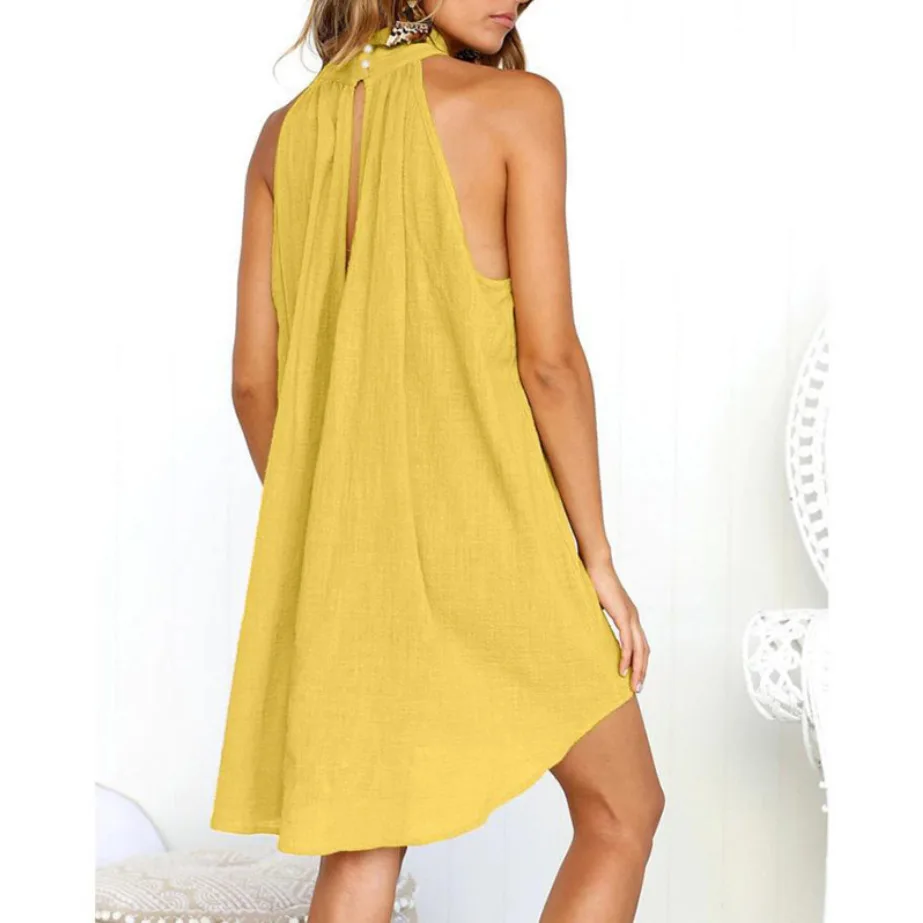 Irregular Cotton and Hemp Women's Sexy Summer Beach Party Round Neck Pleated Sleeveless Dress