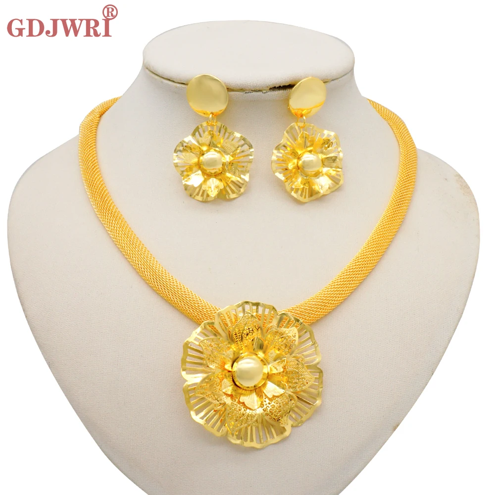 

Fashion African Gold Color Flower Jewelry Set For Women Dubai Bride Wedding Wife Gift Party Necklace Earrings Jewellery