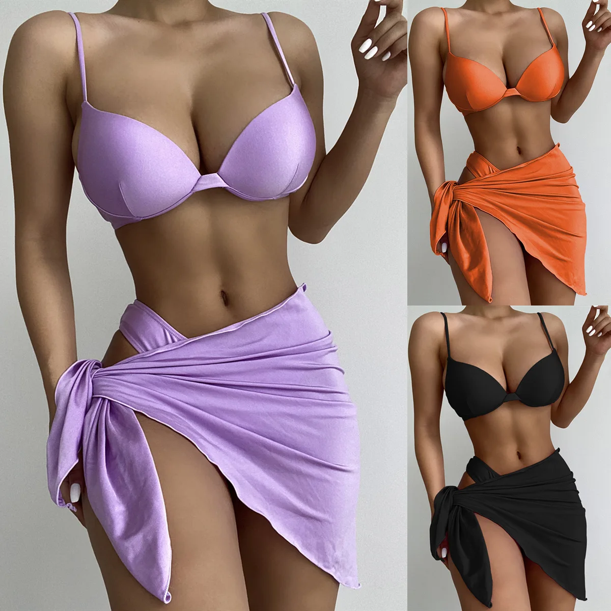 

New Three-piece Swimsuit European and American Solid Color Bikini Ladies Swimsuit Gather Swimsuit Bikini Wholesale